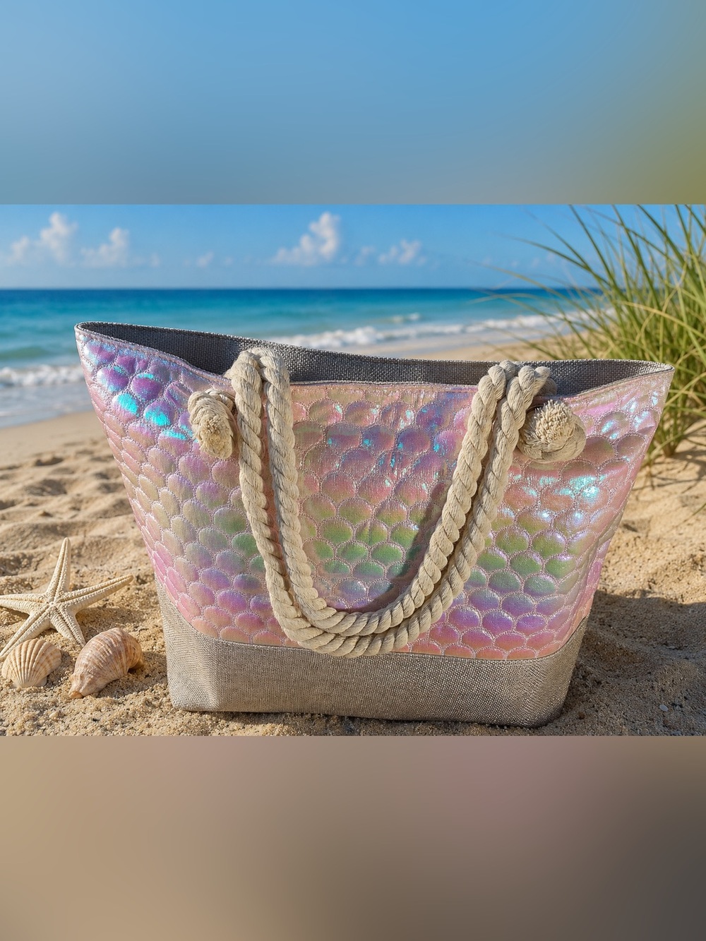 Beach bag - iridescent tote bag with rope handle